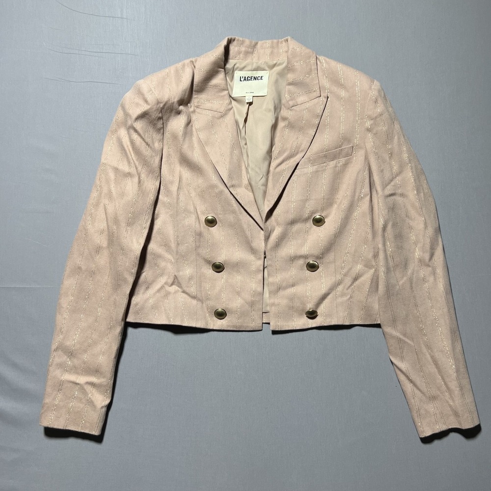 L'Agence Pink & Gold Blazer Shimmer Stripe 8 Linen Blend Double Breasted Cropped